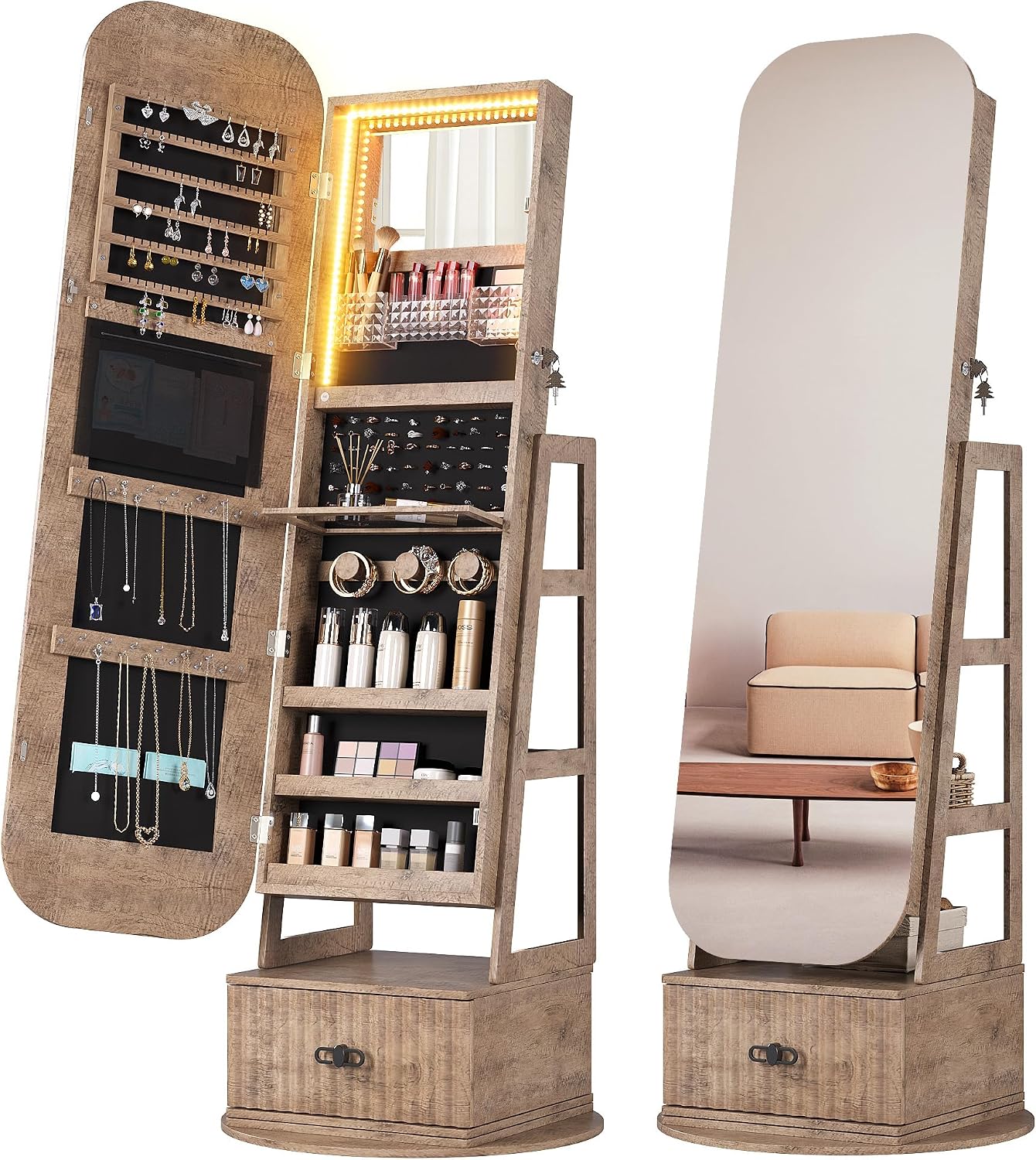 Full Length Mirror Jewelry Armoire - 360 graden draaibare sieradenkast met spiegel