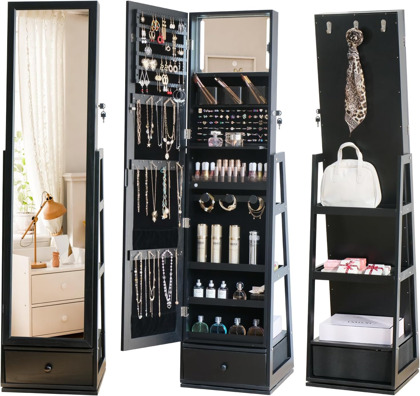 Full Length Mirror Jewelry Armoire - Volledig Opvallende Sieradenkast met Ingebouwde Spiegel,