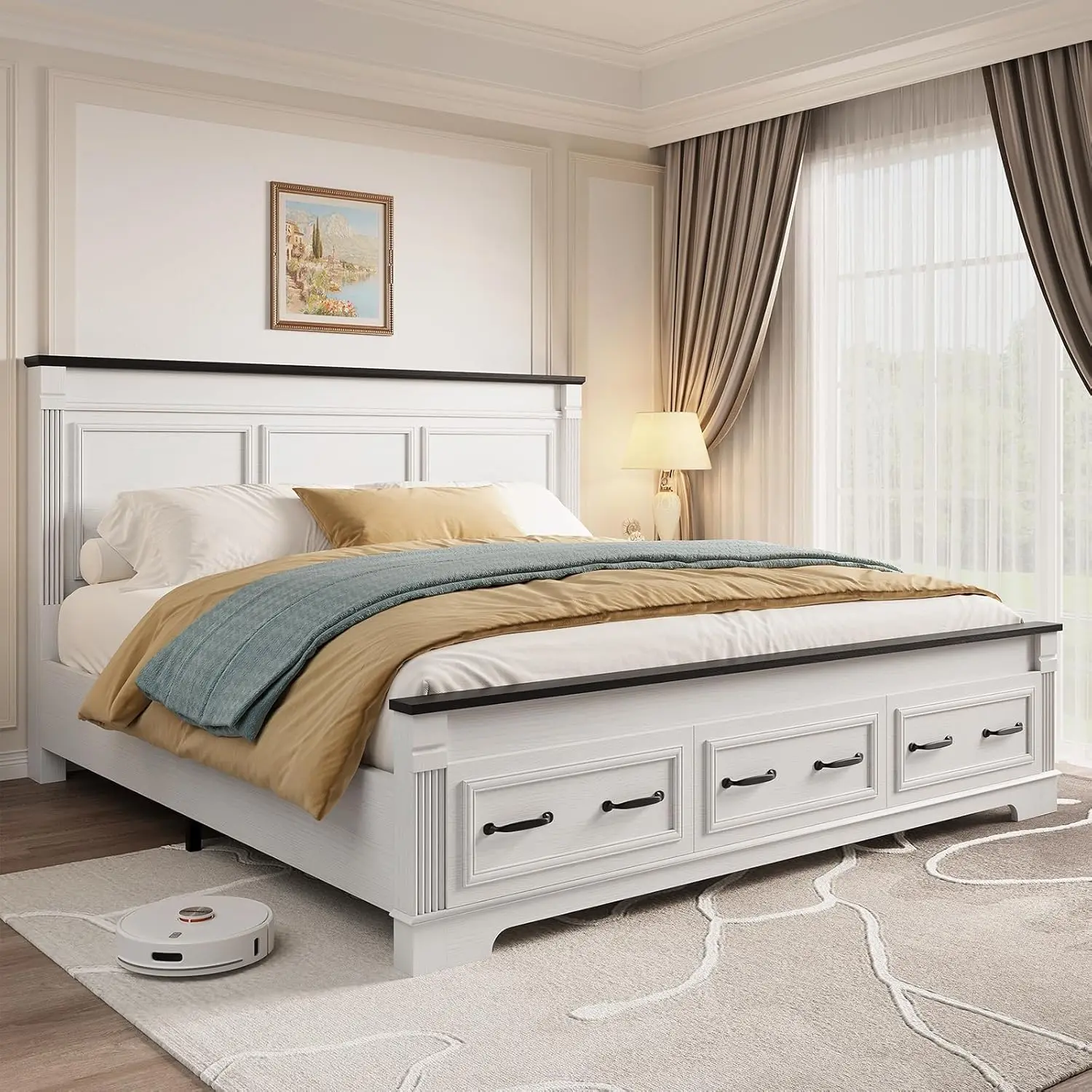 King Size Bed Frame With Storage Drawers - Boerderijstijl bedframe in kingsize, met hoofdbord
