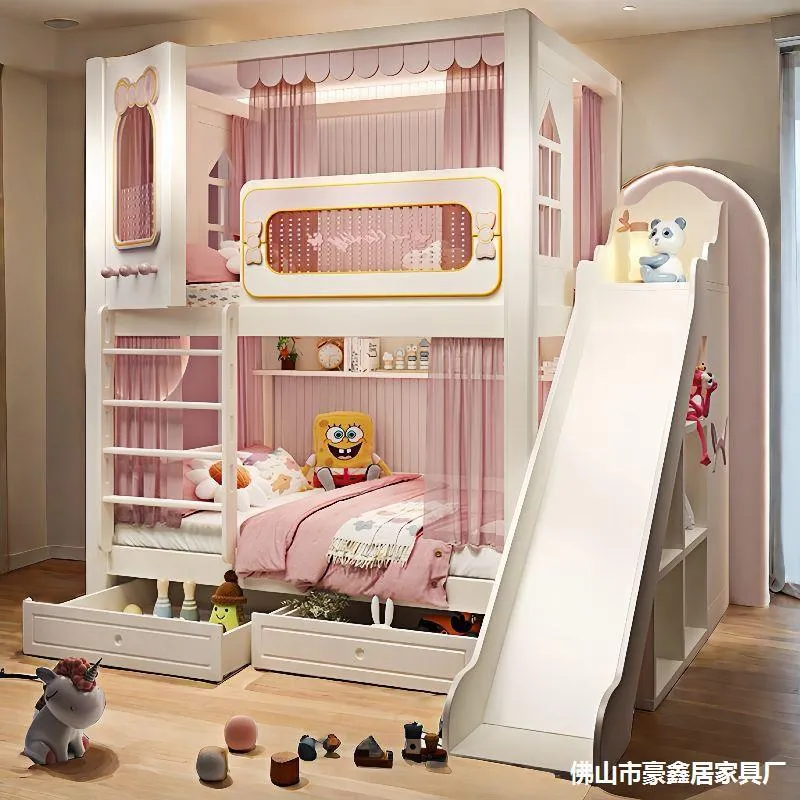 Bunk Bed With Stairs And Slide - Stevig hoog-laag tweelaags kinderbed met trap,