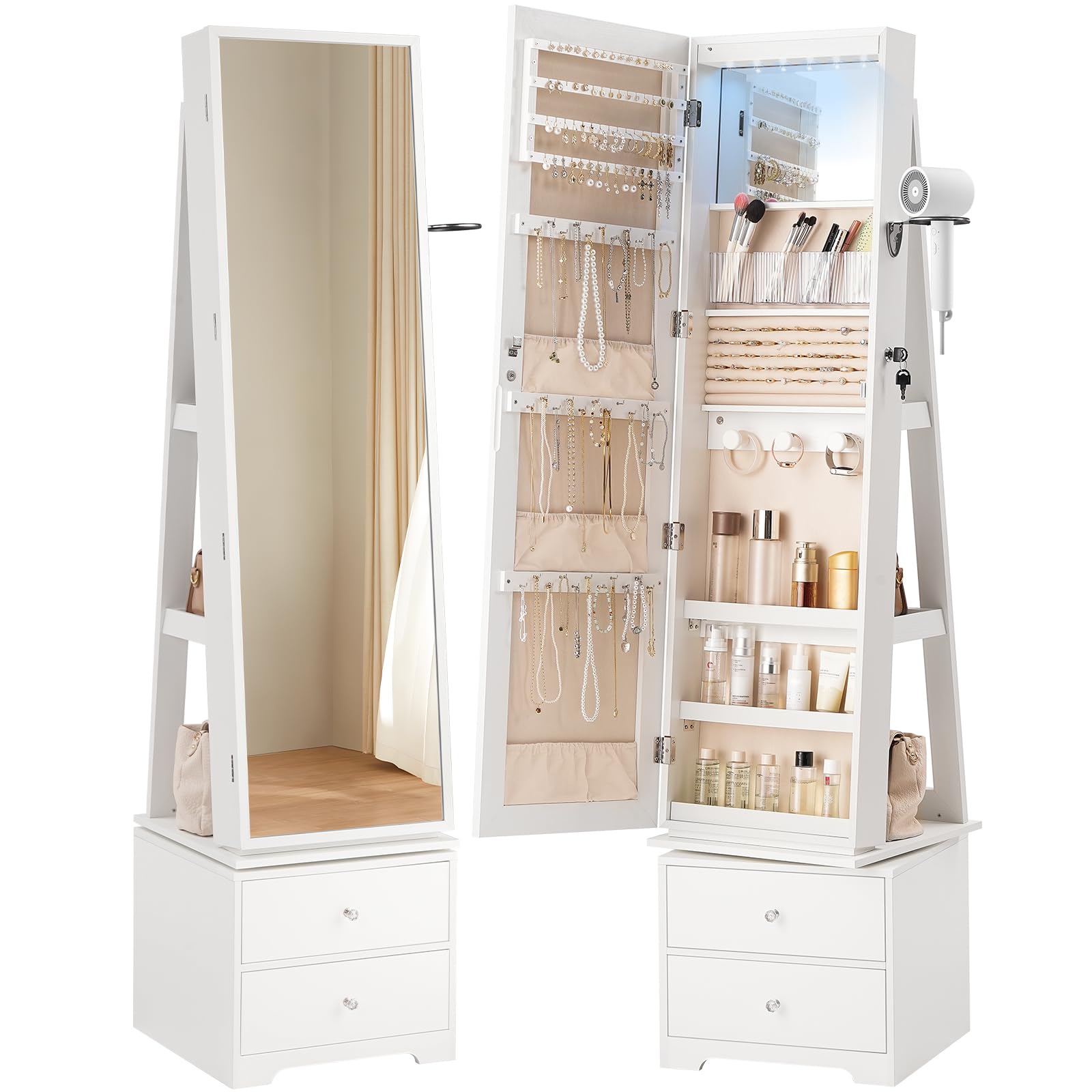 Full Length Mirror Jewelry Armoire - 360 ° Draaibare sieradenkast met LED-verlichting,