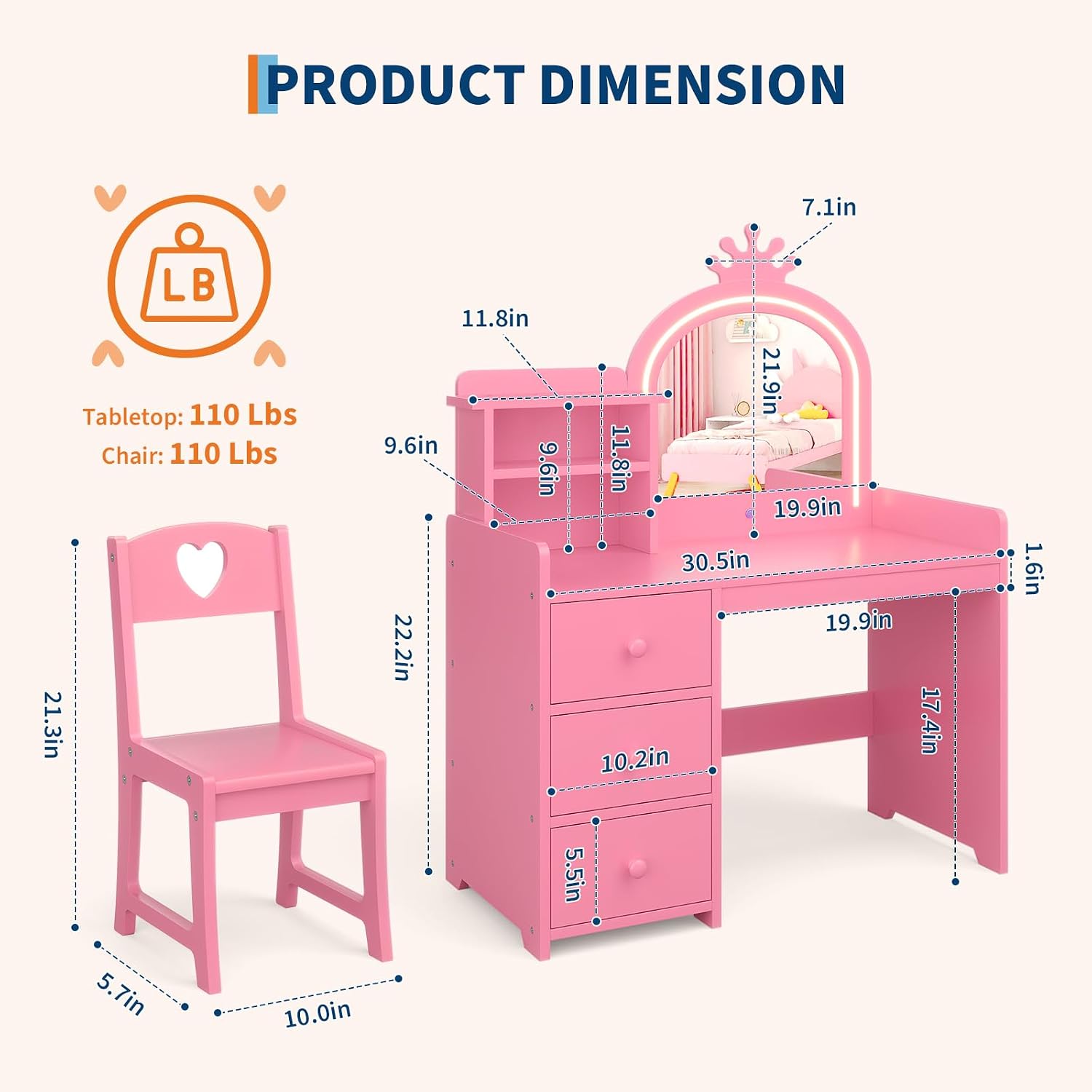 Kinderkaptafel met verlichte s - Dressing Table Vanity With Lighted Mirror recensie en prijs